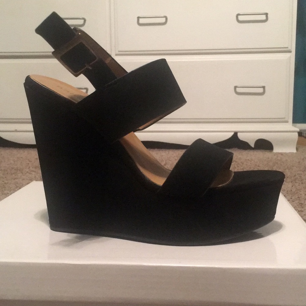 black suede wedge heels